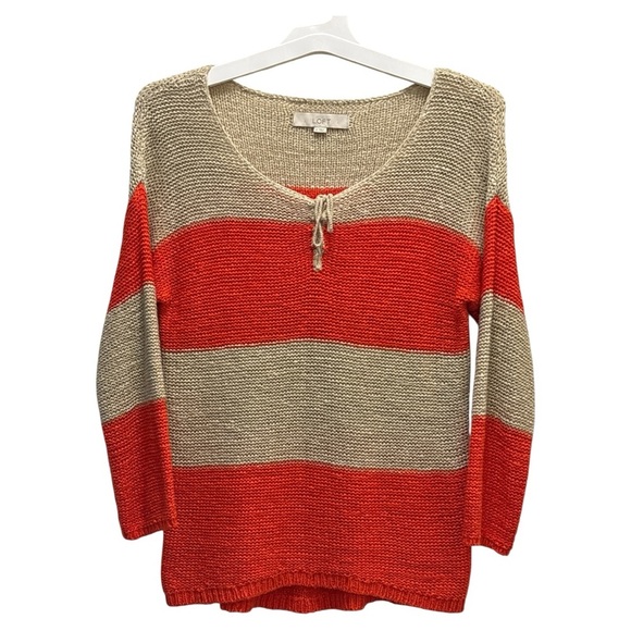 LOFT Red and Tan V-Neck Sweater with Stripes - Picture 1 of 4